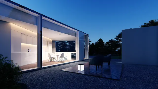 Night exterior render of a glass pavilion