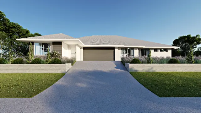 Exterior render of a contemporary single storey home in daylight