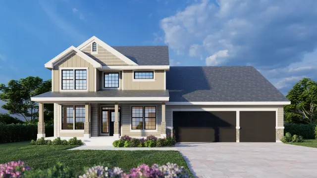 Exterior render of a traditional two storey home in daylight