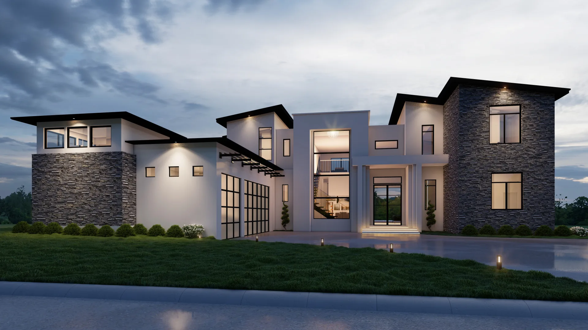 Exterior render of a modern two storey home with stone cladding at dusk