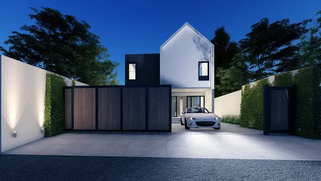 Night exterior render of a modern house with gated entry