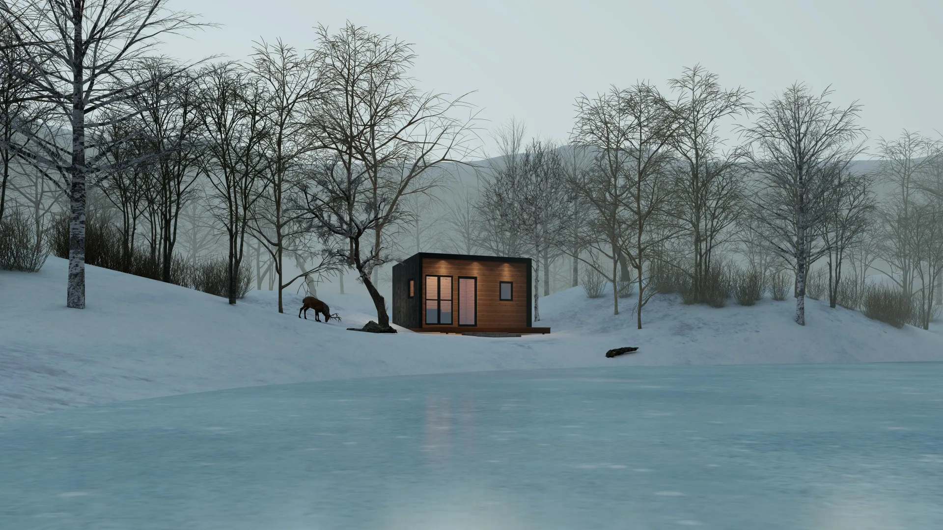 Exterior render of a home in a icy landscape