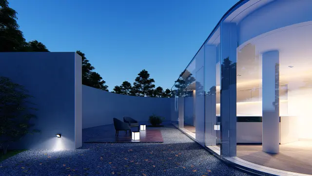 Exterior render of a curved-glass modern home at dusk