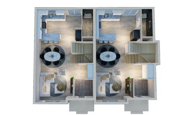 3D floor plan of a twin townhome layout