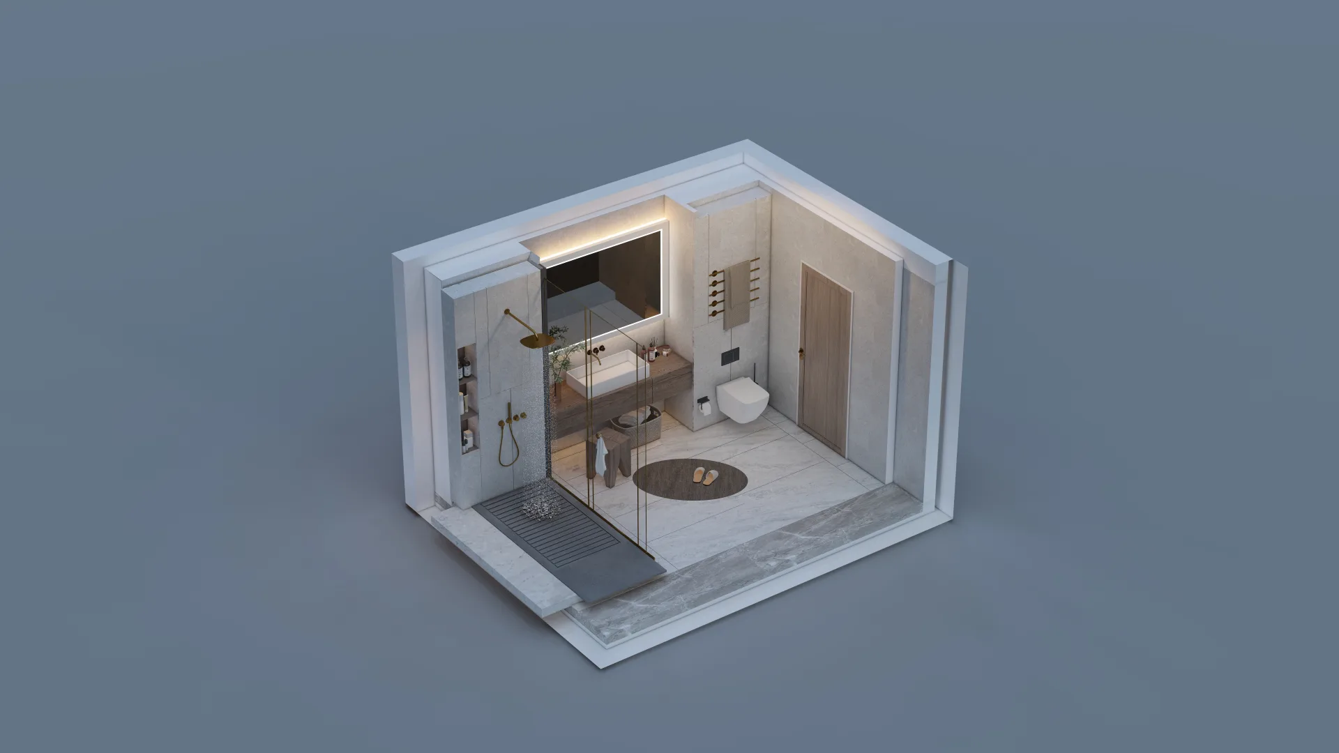 3D floor plan of a single storey home with driveway, top-down view