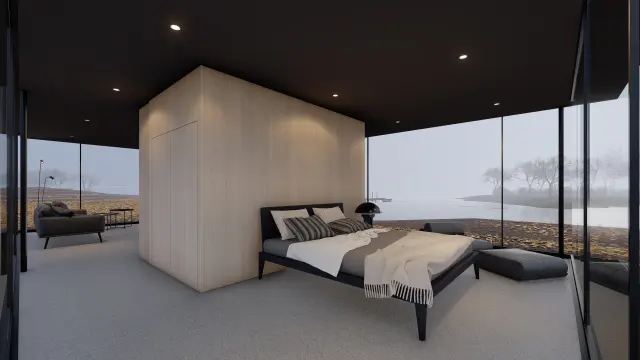 Interior render of a bedroom with panoramic lake views