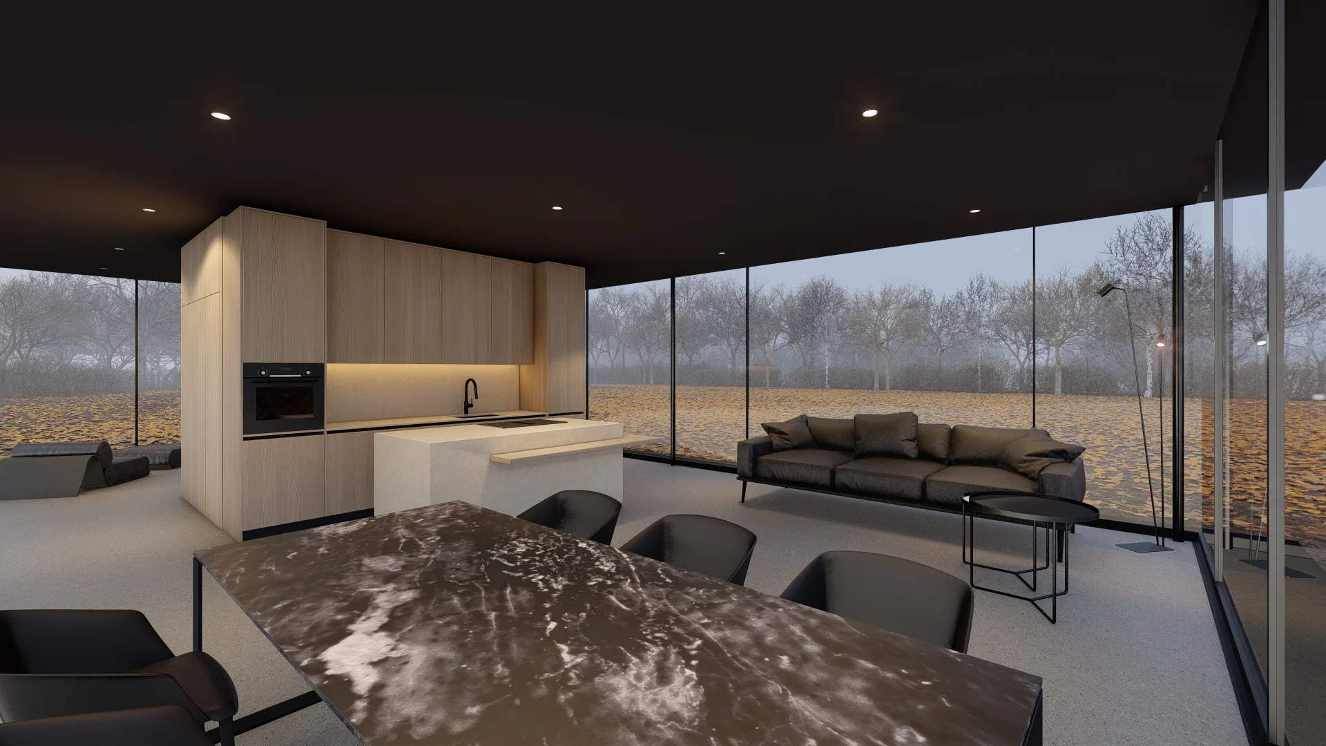 Interior render of a moody open-plan kitchen and living room overlooking a foggy field