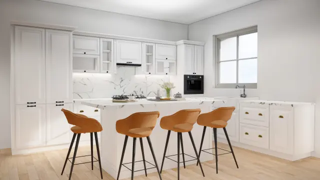 Interior render of a grey kitchen overlooking a foggy lake